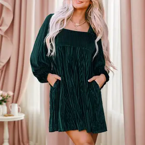 Asvivid Women's Tie Back Square Neck Velvet Babydoll Dress with Pockets for Spring Fall Fashion Long Sleeve Sweet Holiday Dresses Longsleeves Lady Womenswear Casual Wear