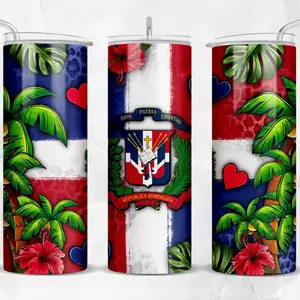 Brugal Dominican Flag 20oz Skinny Tumbler with Lid & Straw - Patriotic Design Featuring Red, White & Blue Patterns, Hand Wash Only - Beverage, Colorful Portable Washable Drinkware Reusable