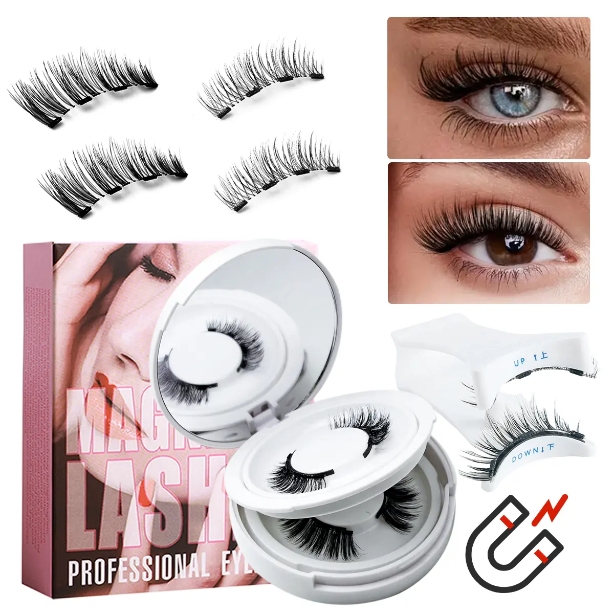 2 pairs of magnetic false eyelashes set. Easy to apply without glue. Length ranges from 8 to 13 mm. Naturally enlarges eyes. Comes with a magnetic eyelash curler for portability. Beginner-friendly. Eyelash Extensions