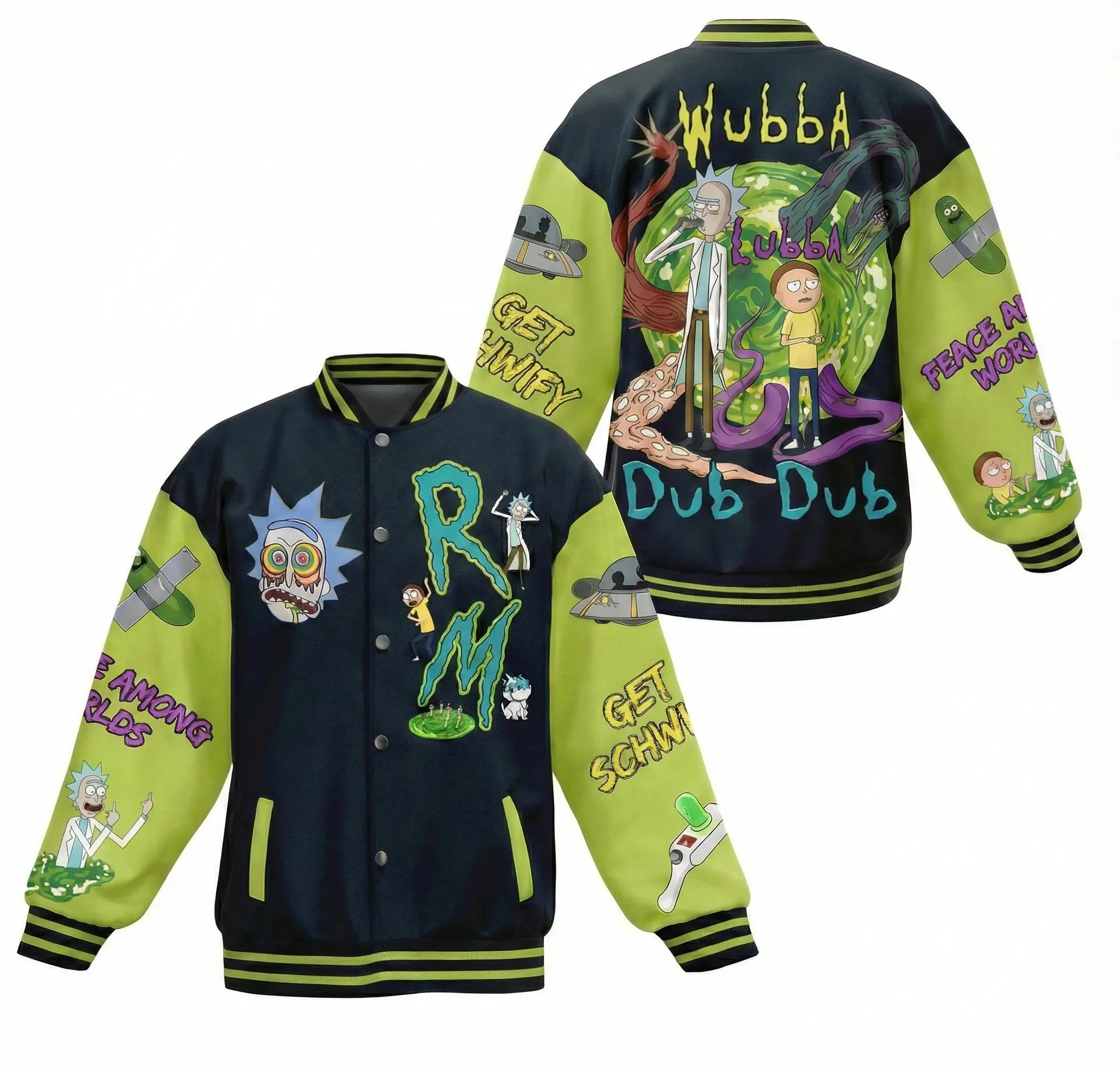 Rickk And Morrtyy Wubbaa Lubbaa Dubb Dubb Graphic Jacket, Sci-Fi Cartoon Unisex Apparel For Men Women, Gette Schwiftyy Printed Design, Cool Gift