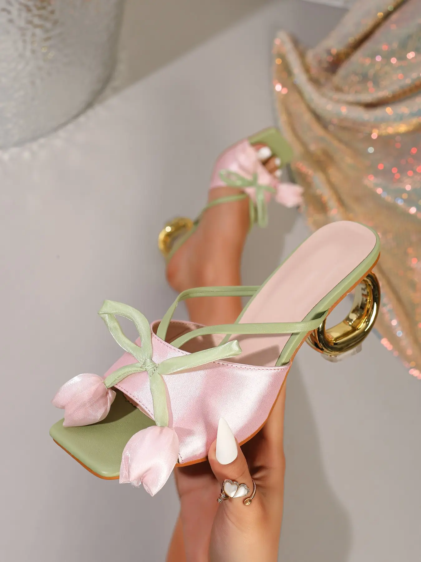 Girl 3D Flower Embellished Heels High Heel Sandals, Sweet Bow Knot Heels Square Toe Open-Toe Shoes, French Fairy Style Summer Vacation Sandals, Elegant Floral Sandals