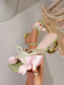 Girl 3D Flower High Heel Sandals, Sweet Bow Square Toe Open-Toe Shoes, French Fairy Style Vacation Sandals