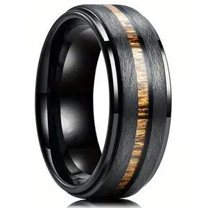 1pc Men's Fashion Black Stainless Steel Ring with Wood Inlay Matte Brushed Finish, Engagement Ring Wedding Band, Daily casual accessory, Jewelry gift