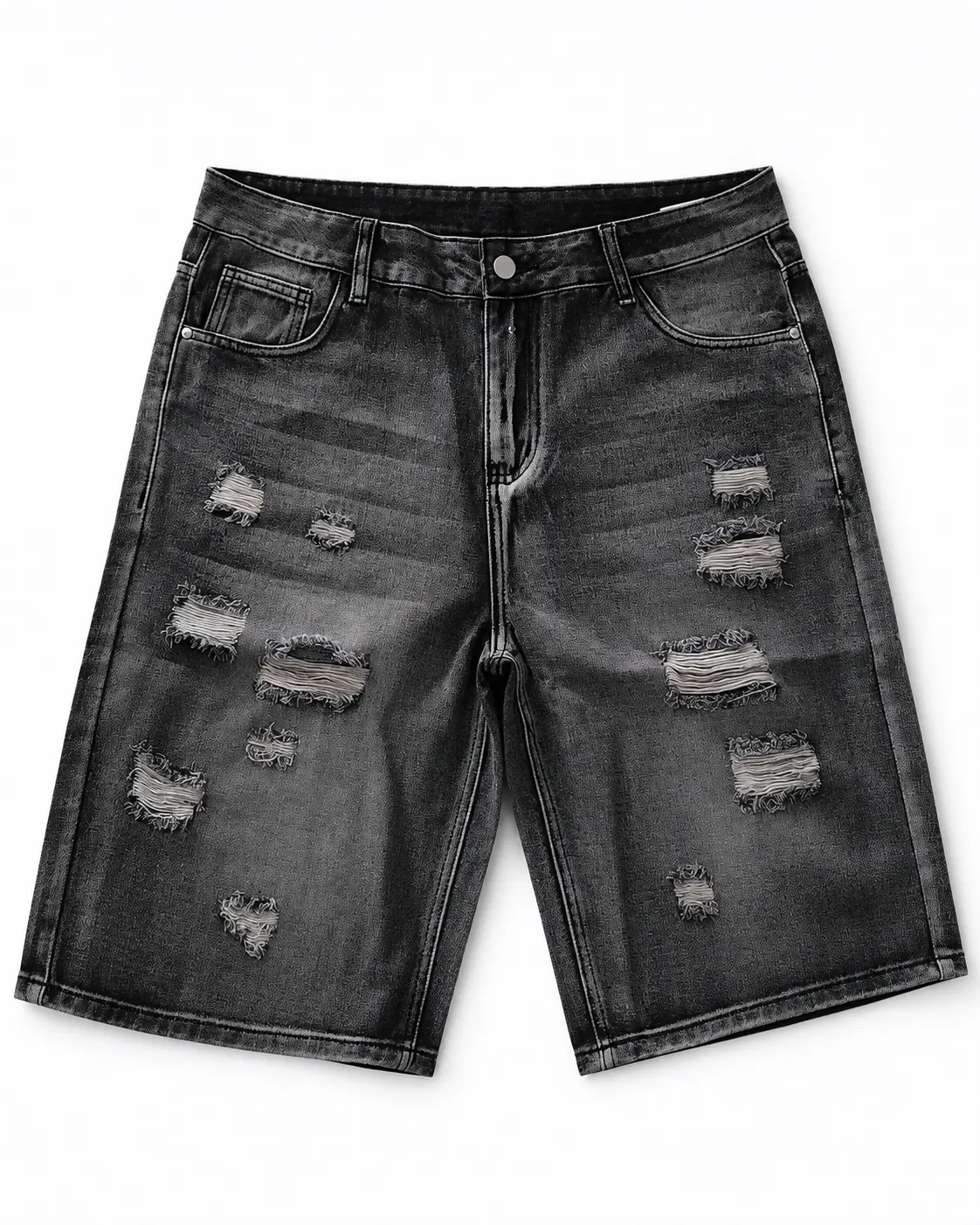 Men’s rigid black-wash denim shorts with heavy multi-rip distressing