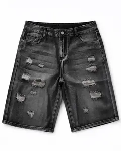 Men’s rigid black-wash denim shorts with heavy multi-rip distressing