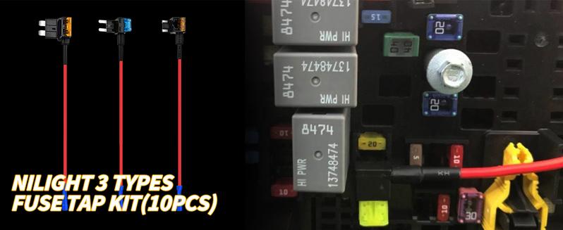 Nilight - 50040R 12V Car Add-a-Circuit Fuse Adapter with Standard and Mini TAP Profile TAP Blade Fuse for Cars Trucks Boats, 10 Pack Fuse Holder-3 types, 2 Years Warranty,Blue, Red, Black