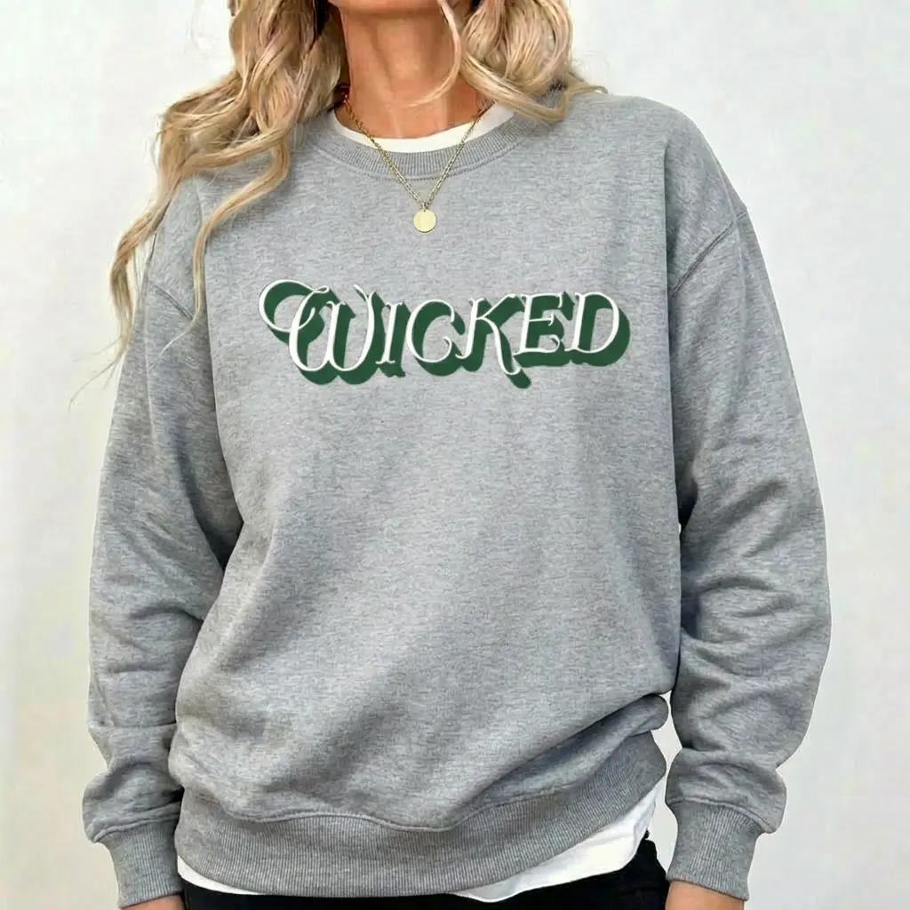 Women's Oversized Vintage Wicked Cotton Apparel - Round Neck Cozy Crewneck Sweatshirt with Nostalgic Wizard of Oz Print, Broadway Musical Gift, Movie Merch, Flattering Fit