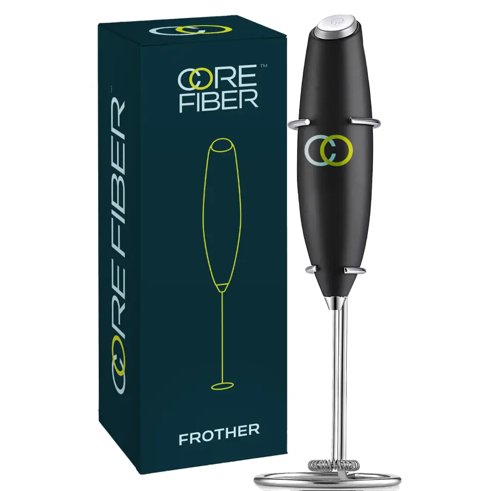 Core Fiber Premium Aero Frother with Stand - Ultra-Fast Handheld Mixer for Coffee Lattes Matcha - Battery Operated