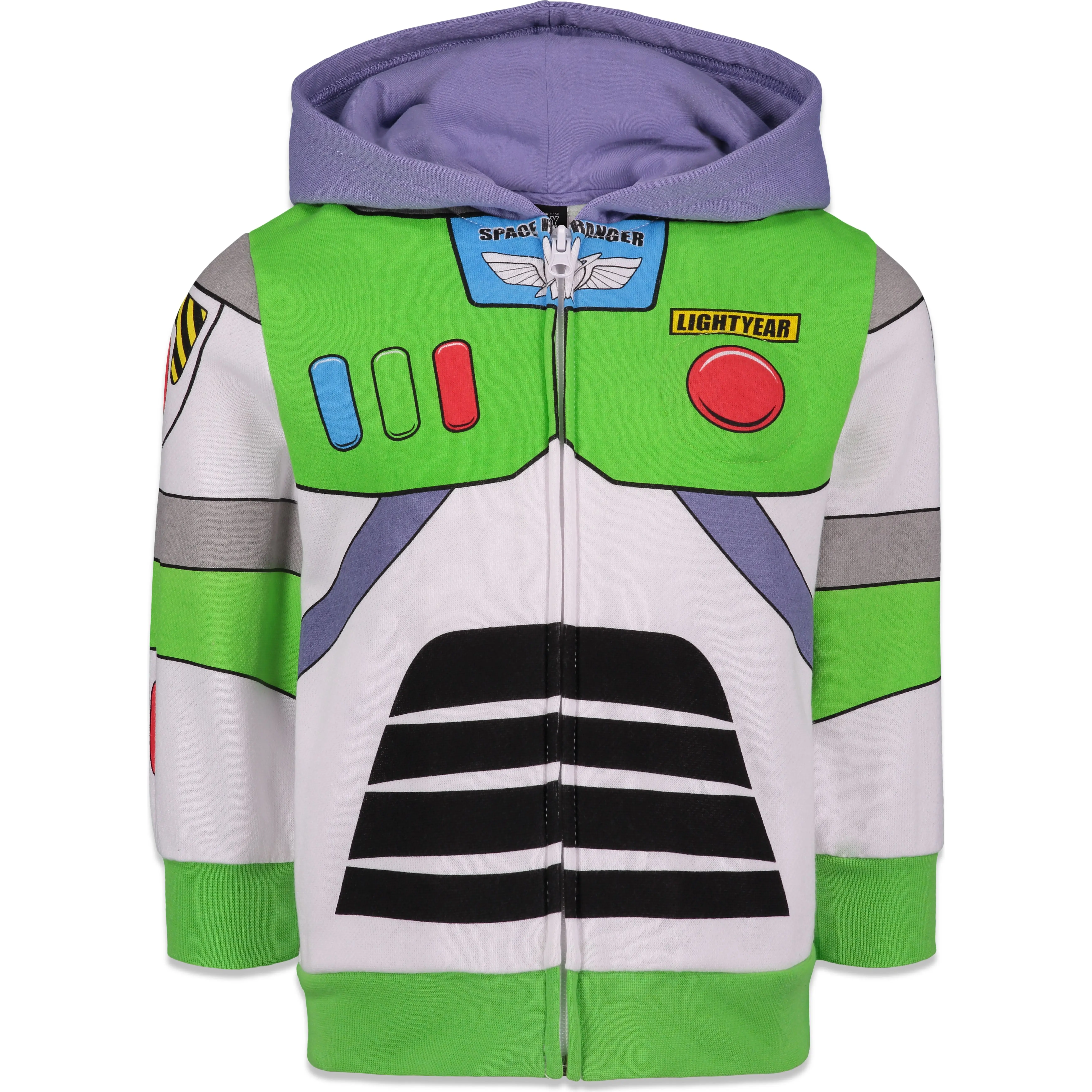 Toy Story Buzz Lightyear Halloween Space Ranger Costume Hooded Sweatshirt - Fleece Fabric, Zip-Front, Rib Details, Character Print, White, Toddler to Big Kid Boys' Top, Halloween Costume, 4T, 3 - 4 Years, 3T, Cool Colorway, Durable, Green Cuffs, Hoodie Lo