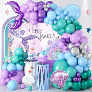 Mermaid Balloon Tablecloth Backdrop Set,109pcs Purple Shell Foil Balloon Mermaid Tail Birthday Decor ,Girls Mermaid Birthday Latex Balloon Decoration birthday party