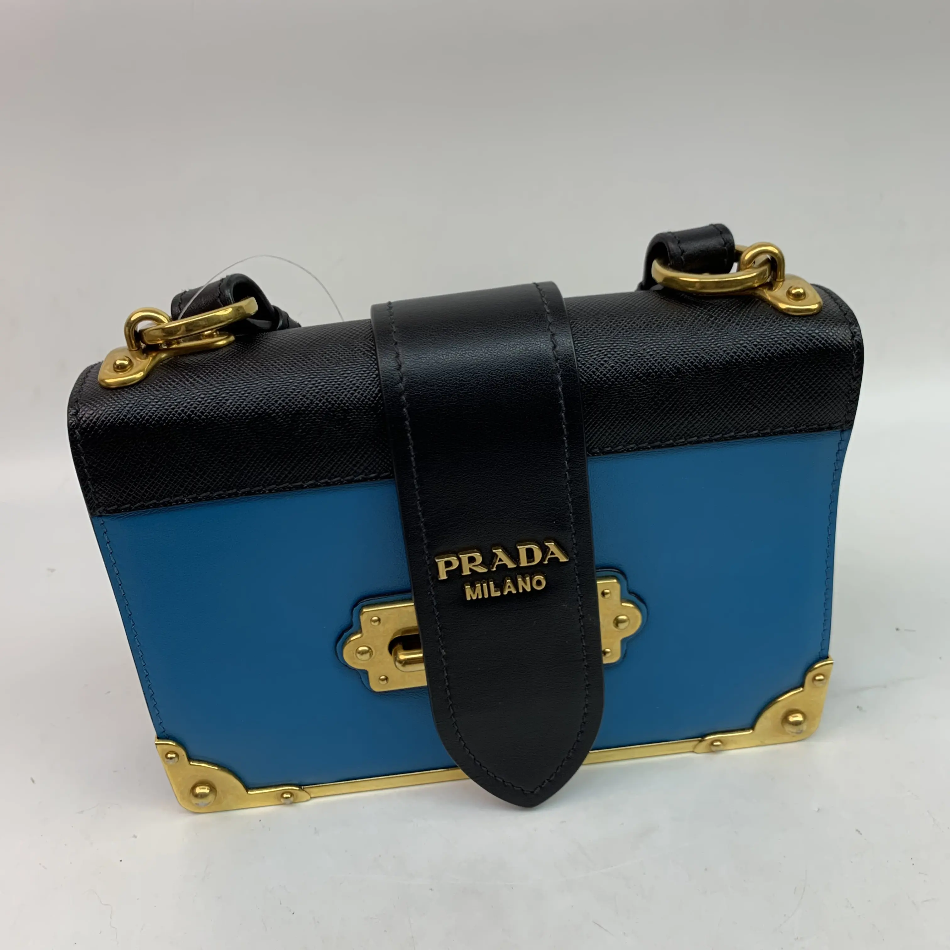Pre-owned PRADA Cahier Two‑Tone Black & Blue Leather Box Crossbody Bag SOHO