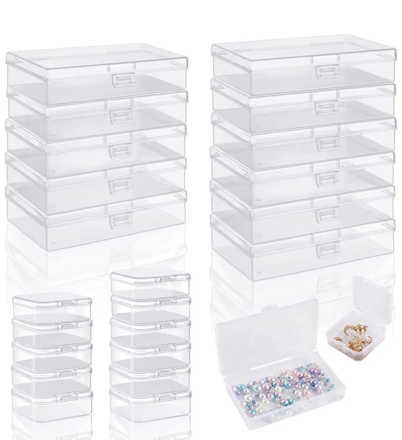 8 clear plastic storage containers, small rectangular storage organizers with lids, bead storage boxes for storing beads, crafts, jewelry, clay, crayons, pins, sewing, cards. Smooth Transparent