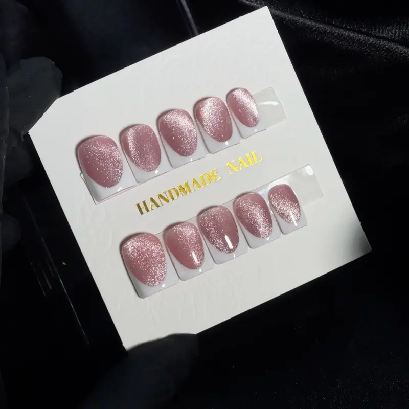 French Cateye Handmade Nail Set - Glitter Rose Gold Press-On Nails for Elegant Manicure