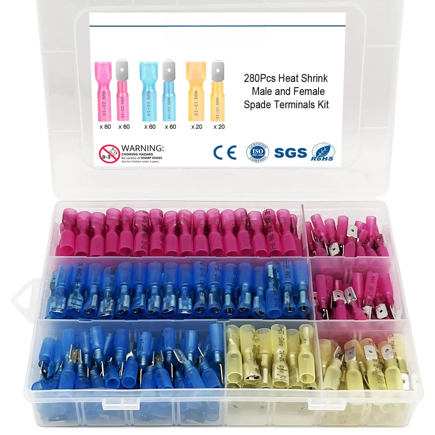 280 count Heat Shrink Spade Connector, Male and Female Spade Terminals Kit, Crimp Terminal Connectors, Quick Disconnect Connectors, Automotive Electrical Wire Connectors Kit (22-10 Gauge)