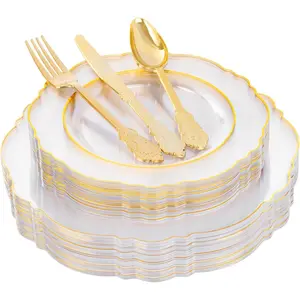 125-piece gold plastic plate set - Transparent gold disposable plates - Can accommodate 25 guests, includes 25 dinner plates, 25 dessert plates, and 75 cutlery pieces, suitable for parties and weddings