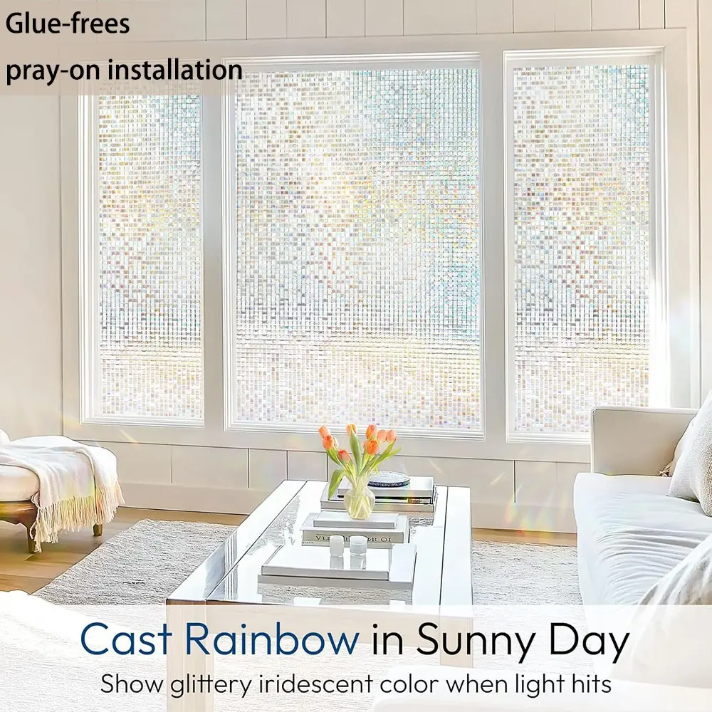 Window Privacy Film Colorful Glass Sticker, Decal Sticker, Mosaic Rainbow Decorative Static Cling, UV Protection Non-Adhesive Privacy Cover for Home, Sticker Decoration