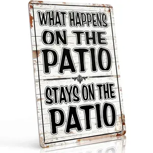 8x12 Inch Aluminum "What Happens On The Patio Stays On The Patio" Metal Sign – Rustic Farmhouse Wall Art for Patio, Backyard & Outdoor Bar. Distressed Wood Plank Design, Waterproof & Playful. Ideal for Outdoor Entertaining.