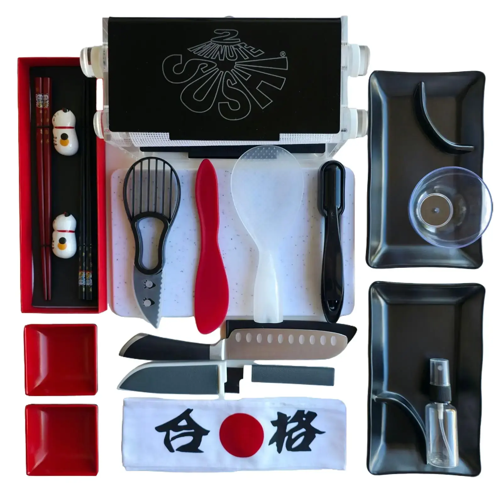 2 Minute Sushi 22 Pc. Sushi Making Kit -  Sushi Roller Kitchen Utensils Set with Lucky Cat Chopstick Holders, Knives, Dishes & Accessories for Beginner Home DIY, Family & Party Japanese Cooking Gadgets