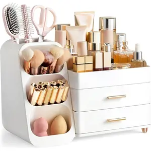 Makeup Organizer with Brush Holder for , Large Plastic Bathroom Countertop Organizer  Care Storage, Easy to Store Lipsticks,  Polishes, Perfumes, Eyeshadow Palettes,  White