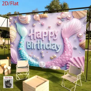 1pc Mermaid-Themed Happy Birthday Party Banner - 2D Flat Polyester Fabric Backdrop with Seashells & Pearls Design, No Electricity Needed for Indoor/Outdoor Weddings, Birthdays, Bars, Father’s Day & Midsummer Dec