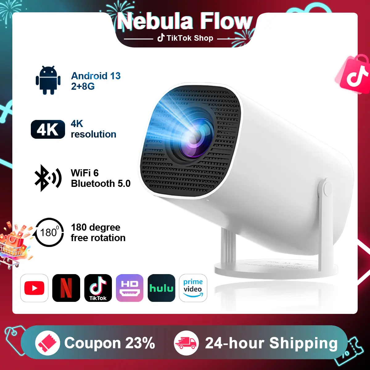 Portable DLP Smart Projector with Adjustable Stand, HD Video Playback, Keystone Correction, Wireless Screen Mirroring for iOS & Android Phones, USB & Audio Device Connectivity, Mobile Cable Compatibility, Projector for Bedroom