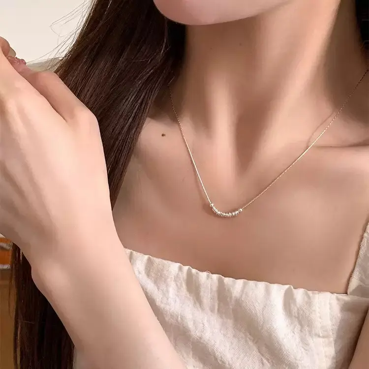 Silver Chain Jewelry Necklace for Women, Minimalist Curved Bar Pendant with Mini Beads, Dainty Adjustable Chain, Chain Jewelry Necklaces