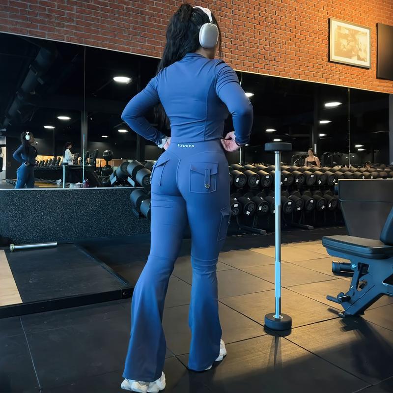 YEOREO CoreFlex High Waist Tummy Control Flare Leggings with Pockets Seamless Scrunch Butt-Lift Cargo Yoga Gym Pants