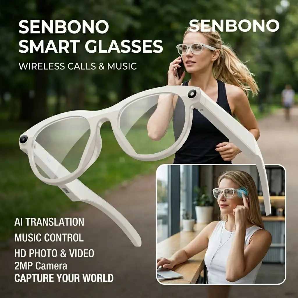 Senbono 2MP HD Smart Glasses Camera, AI Smart Glasses, Video Recording & Translation, Wireless Calling, Music Playback, Voice Assistant, Portable Sports Eyewear