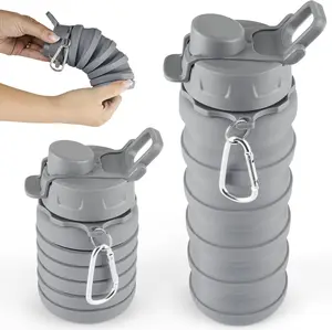 Spacesaver Collapsible Foldable Water Bottle Grey 16oz Leak-Proof Food-Grade Silicone Travel Bottle with Flip Lid & Carabiner for Camping Hiking and Travel