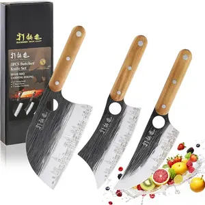 3PCS Knife Set, 7" Meat Cleaver, 7" Serbian Chef Knife and 6.5" Knife, Hand Forged Knife with Wooden Handle, for Home, Camping, BBQ (Pattern)