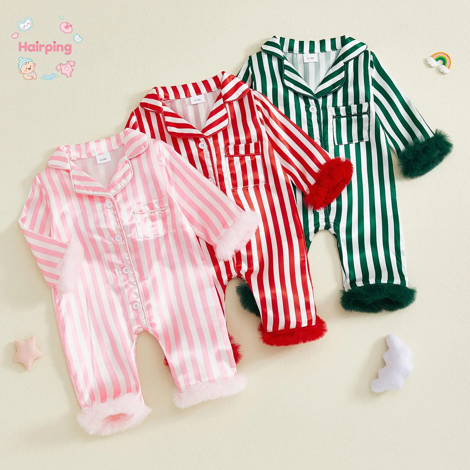 Baby Girls' 0-3 Months Long Sleeve Furry Patchwork Button Closure Striped Jumpsuit, Soft Cuddly Sleepwear Loungewear, Toddler Fashion Apparel for Daily Wear, Striped Pants
