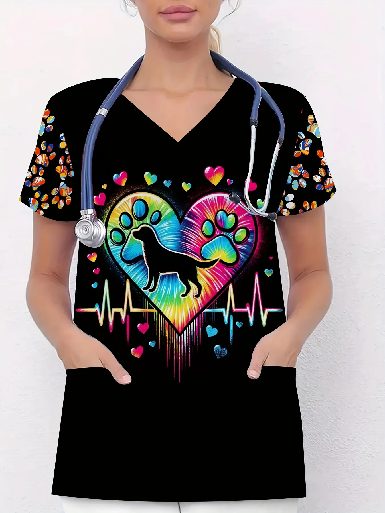 Fashionable and Comfortable V-Neck Printed Top Featuring A Cute Dog Design, Short Sleeves, and Functional Pockets, Suitable for Nursing Uniforms