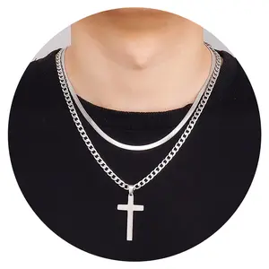 Trendy Men's Cross Double Layer Necklace Hot Sale in Europe and America Stainless Steel Cuban Chain Figaro Multi-layer Stacking Necklace