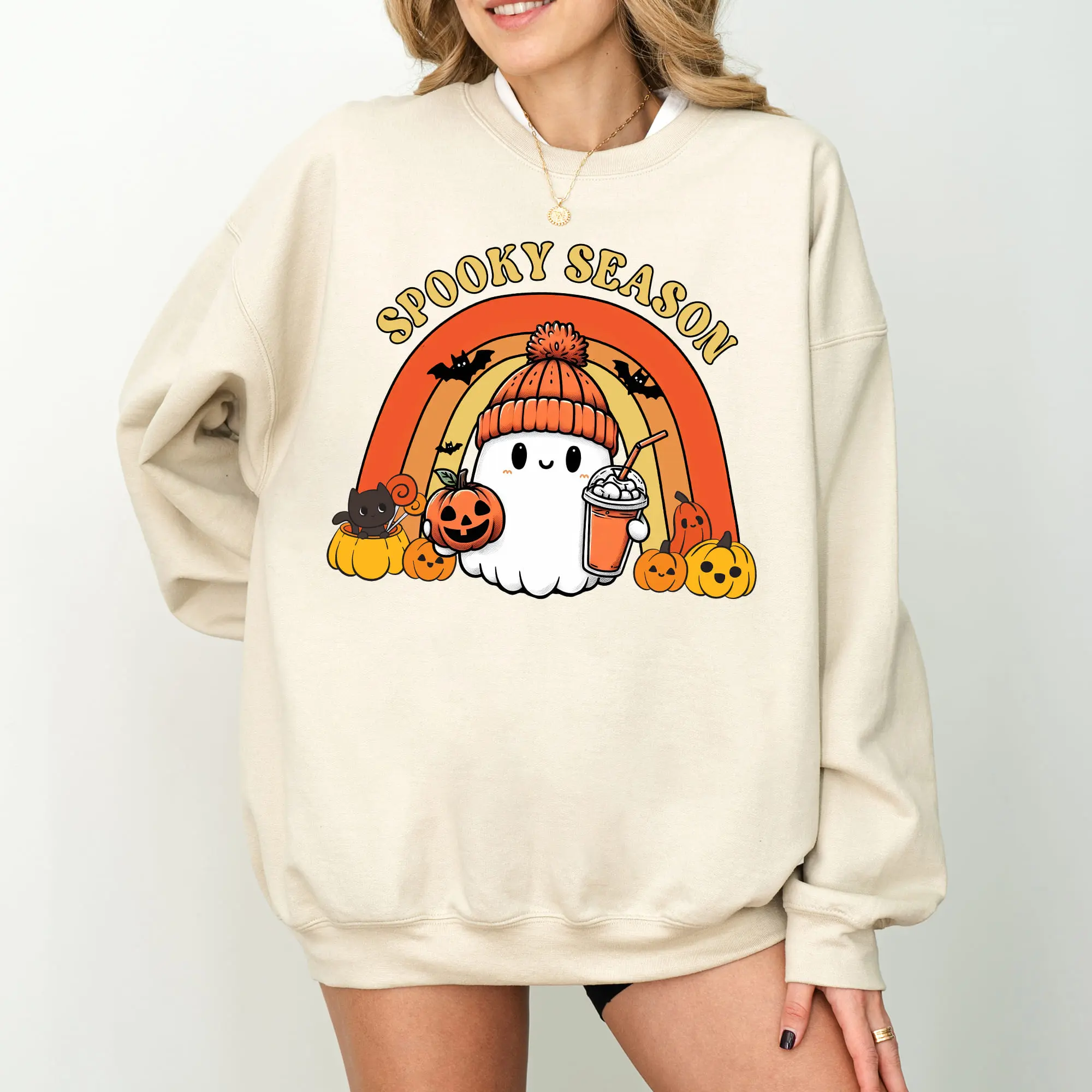 Spooky Season Sweatshirt, Fall Rainbow Sweater, Cute Ghost Unisex Sweatshirt, Autumn Crewneck, Halloween Women's Apparel, Comfy Graphic Sweatshirt, Best Gift For Women, Womenswear Comfort Soft Fabric Sweatshirt