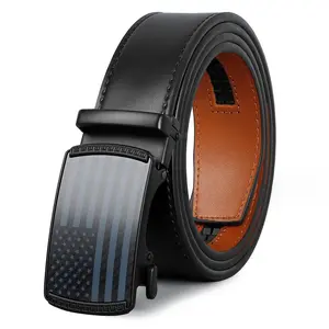 Unique Design Ratchet Sliding Leather Belt Automatic Alloy Buckle Genuine Leather Belt For Men Fit 32"-48" Waist Pants