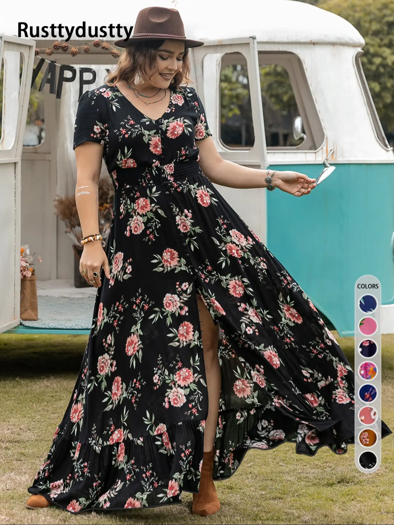 【Plus Size】Floral Print Button Front Ruffle Hem Shirred Split A Line Dress, V Neck Short Sleeve Dress Summer Outfits 2024, Sundress Maxi Dress, Women'