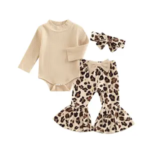 3Pcs Newborn Baby Girl Clothes Set Ribbed Long Sleeve Romper Bodysuit Leopard Flare Pants Headband Infant Fall Winter Outfits