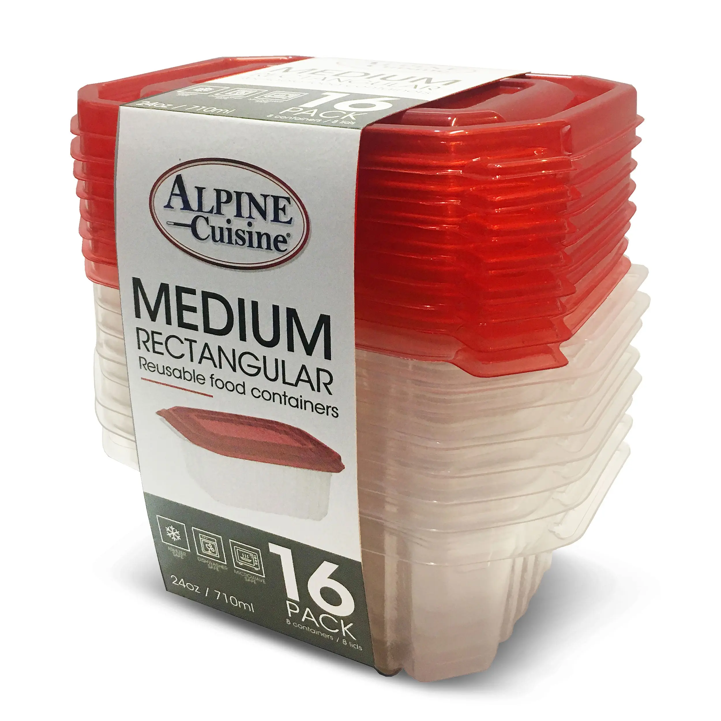 Alpine Cuisine Rectangle Food Storage Containers with 8 Lids & 8 Bodies 16-Pack 24oz (709ml) | A Versatile & Convenient Kitchen Organization Solution | Food Prep Storage Containers - Dishwasher Safe