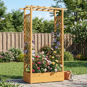 Spaco 70-Inch Wooden Raised Garden Bed with Lattice Trellis - Elevated Planting Box, Climbing Plant Stand for Vegetables & Flowers, Elevated Planting Boxes, Climbing Planting Stand