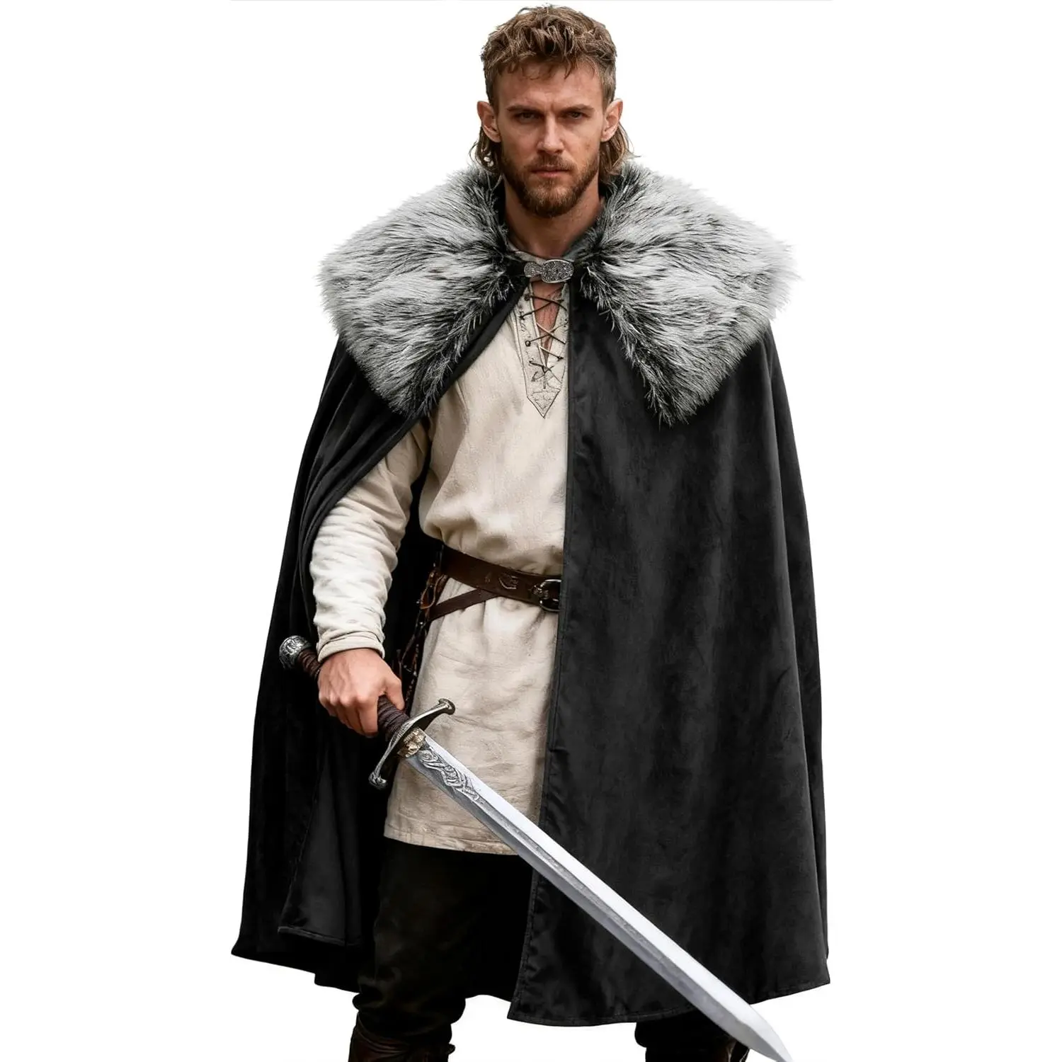 Men's Medieval Cloak with Faux Fur Collar, Viking Renaissance Costume for Lord King Cosplay, Costumes, Menswear, Clothes, Full Length, One Size