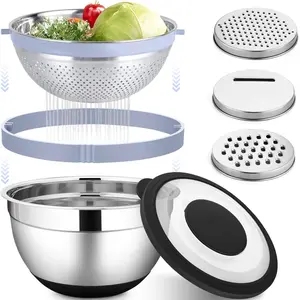 Vesteel Colander with Mixing Bowl Set, 4 in 1 Stainless Steel Food Strainer with Airtight Visible Lid and 3 Graters, Multifunctional Kitchen Prep Bowls for Washing/Draining/Mixing/ Grating