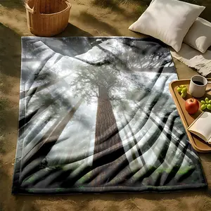 1 piece Tall pine tree landscape in the misty forest themed flannel blanket - Flannel blanket with modern design, suitable for sofas and beds, all-season use, super soft and comfortable, digitally printed pattern, 100% polyester material, machine