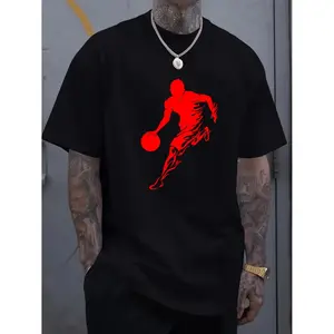 Men's Basketball Silhouette Printed Casual Cotton Long Sleeve T-Shirt with Slight Elasticity Plus Size Black