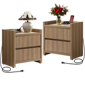 SICOTAS Night Stand Set of 2 Fluted Nightstands with Charger Station, Large Modern Nightstand Bedside Table End Table with 2 Drawers, 25" Wide Farmhouse Night Stands for Bedroom, Sofa Side