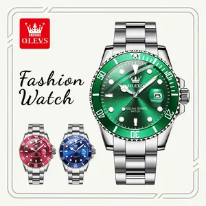 OLEVS 5885 Men’s Green Dial Quartz Watch, Classic Submariner Style, Luminous Waterproof Stainless Steel Wristwatch with Date Window