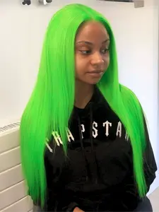 Neon Green 13x4 Lace Front Wig Bright Green Wig Pre Plucked Hairline Wig HD Transparent Lace Frontal Wig Green Concert Look Straight Wig Coachella Festival Look Heat Resistant Synthetic Wig for Women 28 Inch