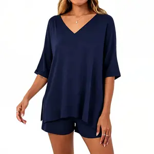 2026 Women 2 Piece Lounge Set, V Neck Half Sleeve Top & Shorts, Casual Summer Loose Outfit, Travel Beach Daily Loungewear