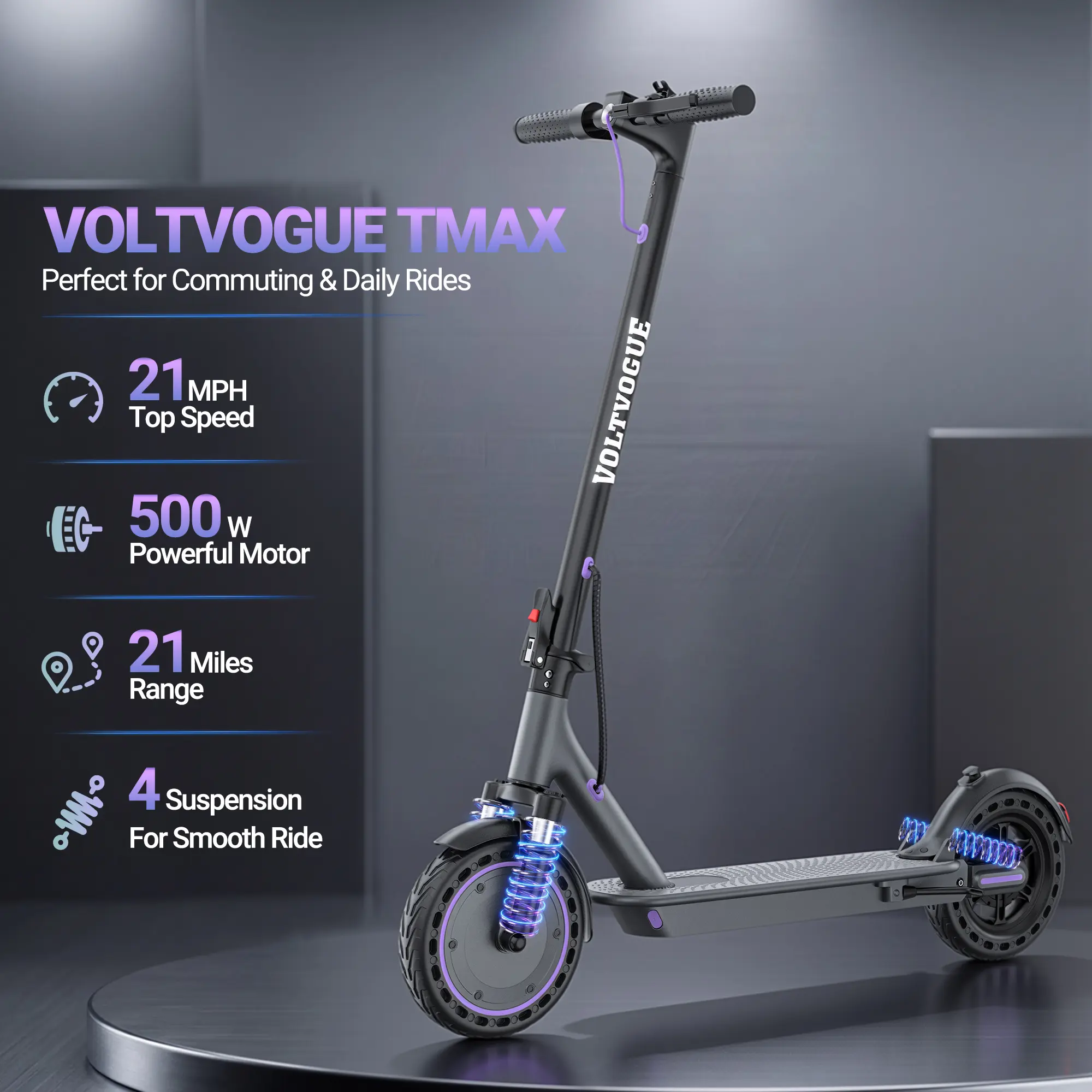 【AOVOPRO & VOLTVOGUE】TMAX | 500W Powerful Motor | Dual Brakes & Dual Suspension | 21 MPH Max Speed + 21 Miles Range | App Control | 10" Puncture-Proof Tires【VT11】