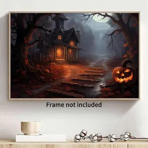Dark Castle Painting Creepy Halloween Wall Art Victorian Gothic Poster Vintage Pumpkin Pictures Scary Halloween Artwork Canvas Moody Castle Wall Art Halloween Pumpkin Poster for Bedroom No Frame