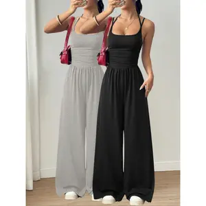 Women's 2-Piece Spring Summer Casual Adjustable Strap Fitted Wide Leg Jumpsuit, Flowy Wrinkled Design for Comfort and Style